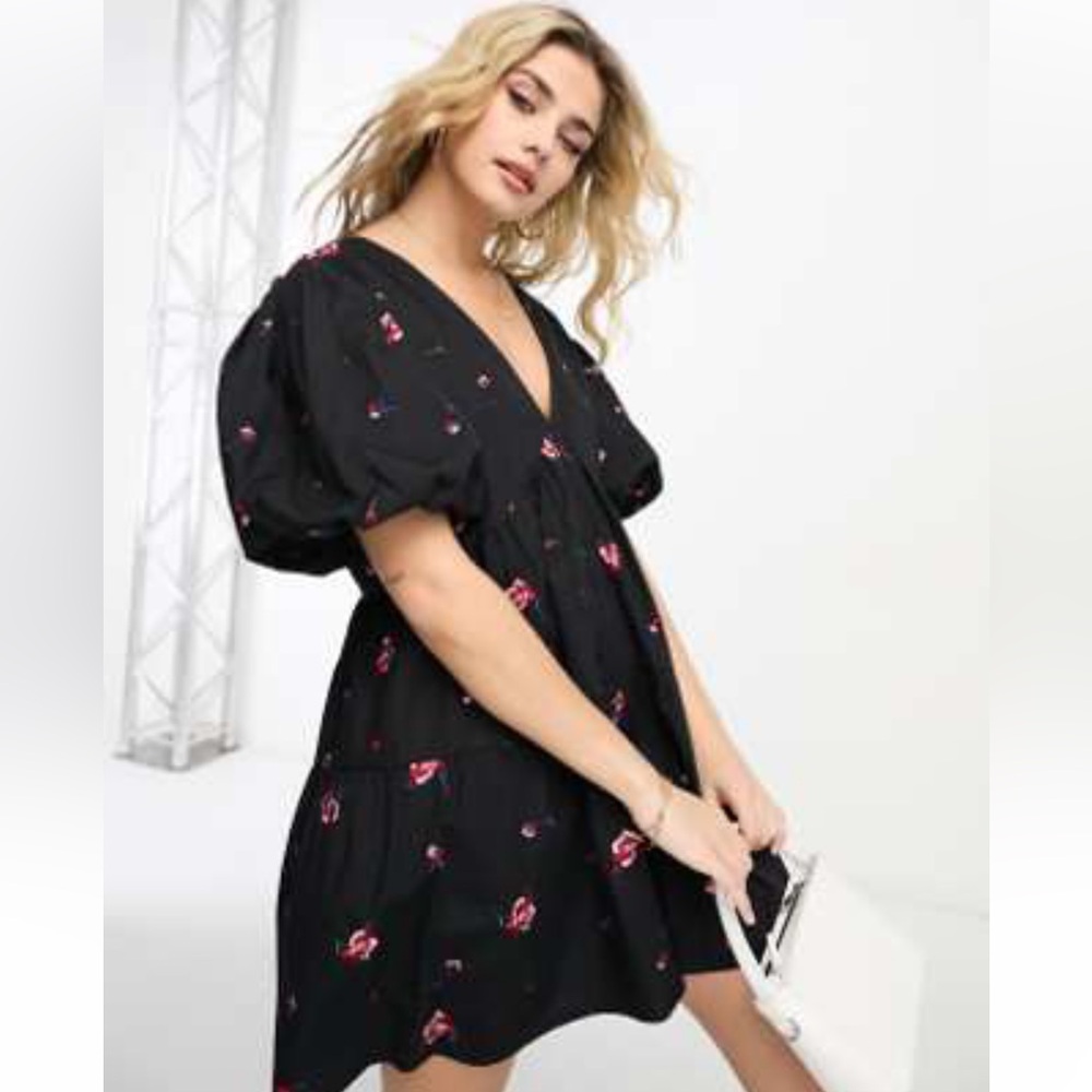 ASOS DESIGN embroidered tiered smock playsuit in black Size 0